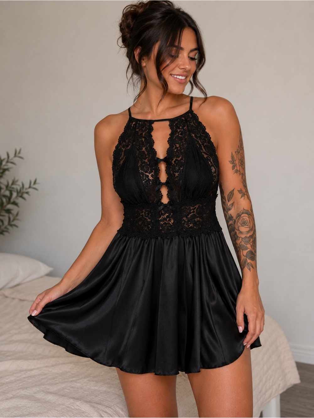 Seductive Wear Black Lace Satin Babydoll Chemise Teddy Lingerie XL Open Back